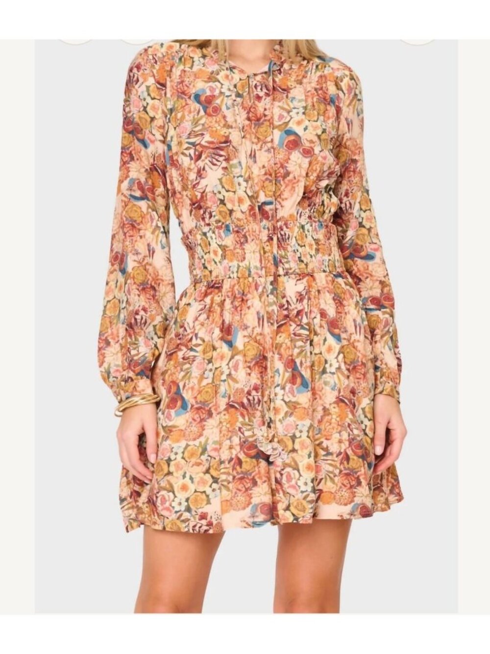 En Saison Candela Floral Long Sleeve Mini Dress XS Smocked Waist Tie Neck Orange